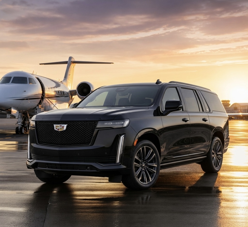 First class black Cadillac Escalade SUV chauffeur service for VIP airport pickup